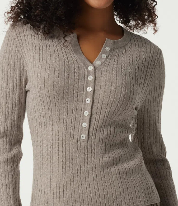 Henley Neck Cable Stitch Long Sleeve Work Sweater