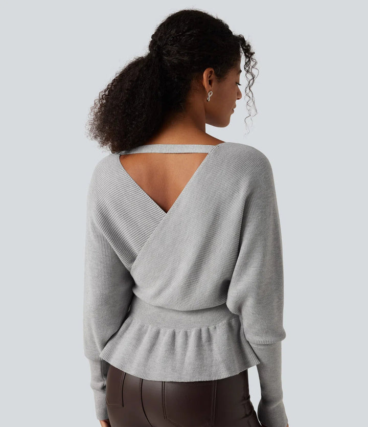 V Neck Batwing Long Sleeve Cut Out Casual Sweater
