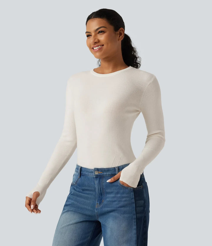 Round Neck Long Sleeve Thumb Hole Slim Work Sweater