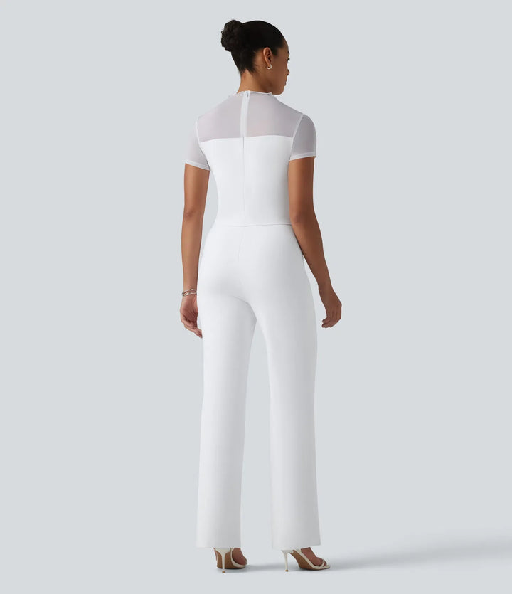 DayStretch Round Neck Short Sleeve Contrast Mesh Jumpsuit-Easy Peezy Edition