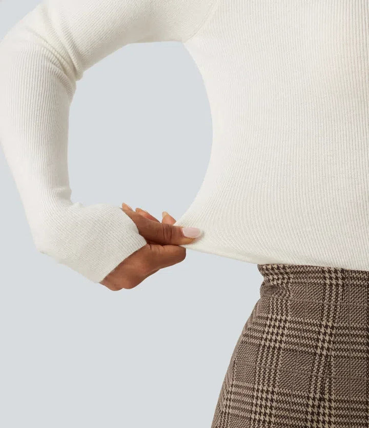 Mock Neck Long Sleeve Thumb Hole Work Wool-Blend Sweater