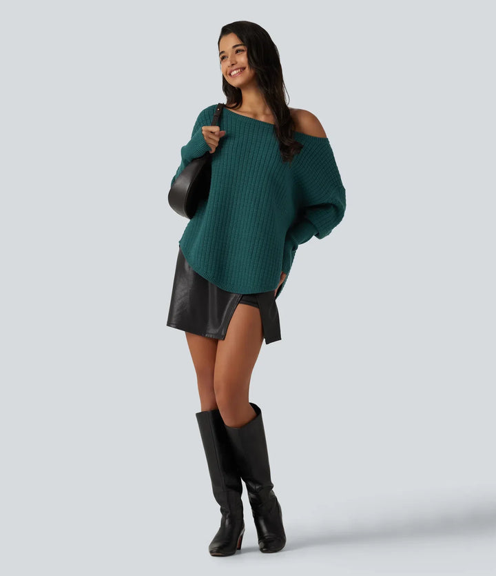 Off Shoulder Batwing Long Sleeve Work Sweater
