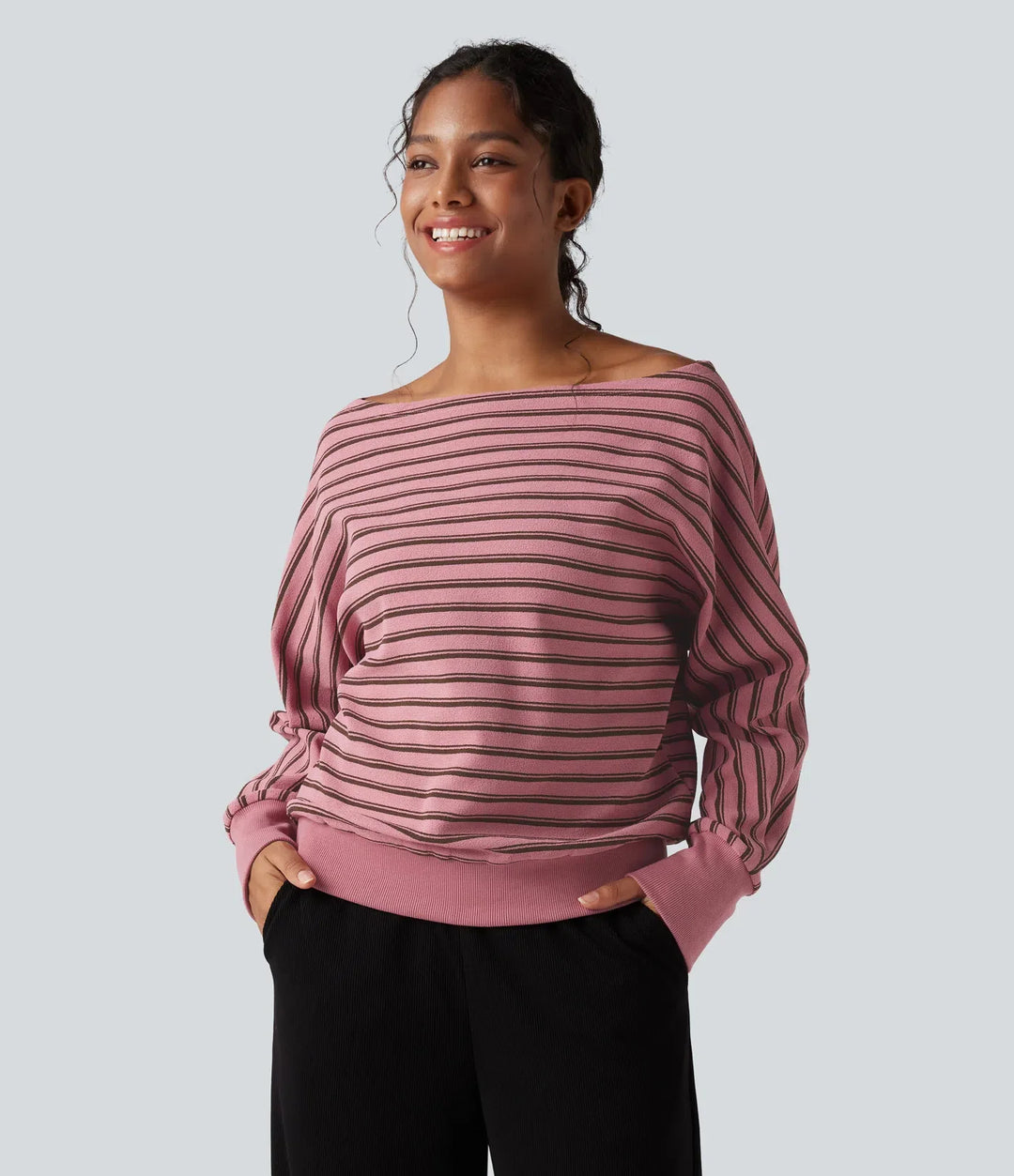 Off-shoulder Long Sleeve Stripes Relaxed Casual Sweatshirt