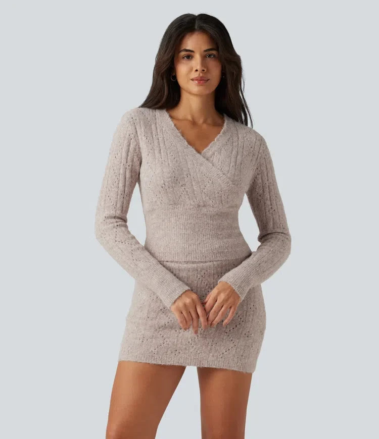 V Neck Long Sleeve Scallop Hem Open Knit Casual Sweater