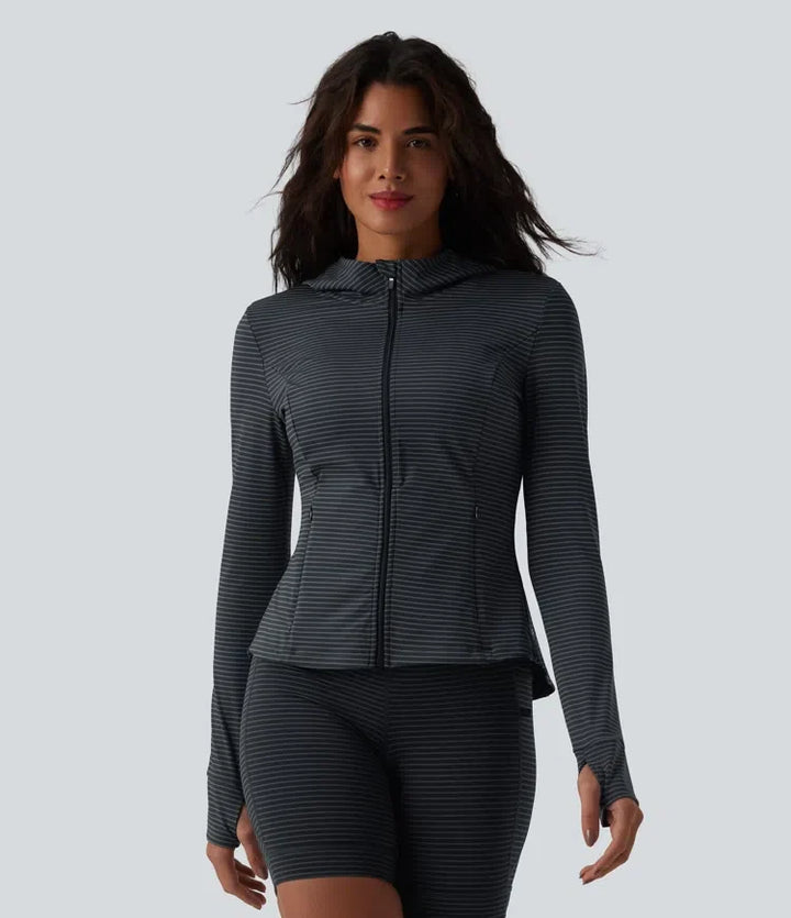 Hooded Long Sleeve Thumb Hole Stripe Yoga Jacket with Pockets
