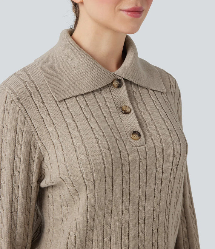 Lapel Long Sleeve Cable Knit Relaxed Fit Work Wool-Blend Sweater