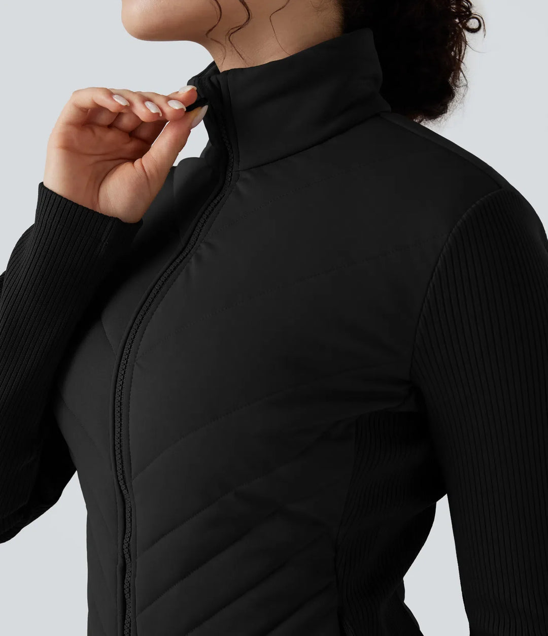 High-neck Contrast Ribbed Slim Casual Quilted Jacket with Pockets