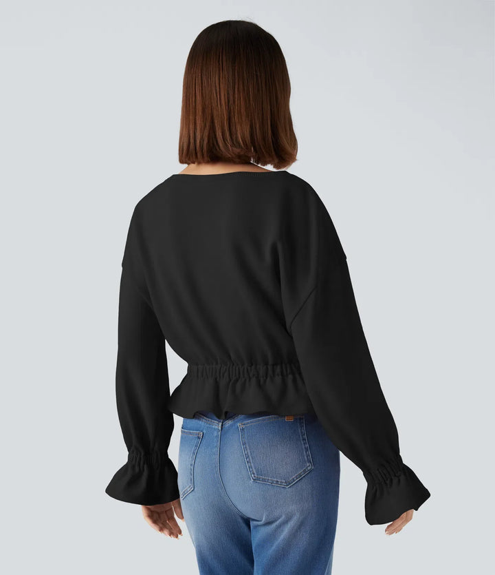Round Neck Long Sleeve Ruffle Hem Casual Cotton Sweatshirt