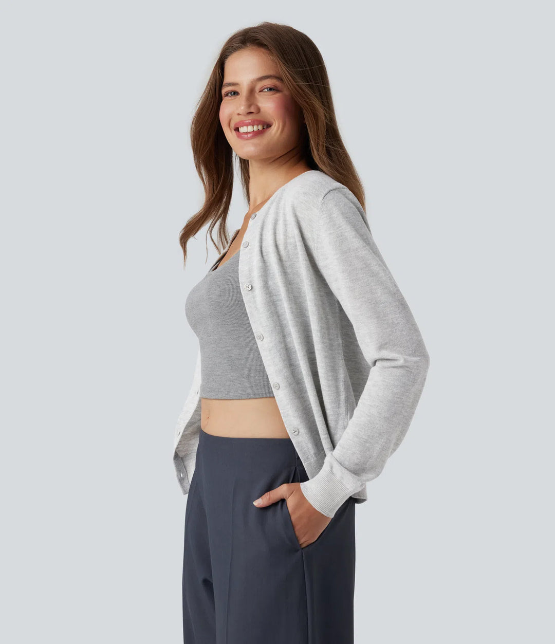Round Neck Long Sleeve Work Wool-Blend Cardigan