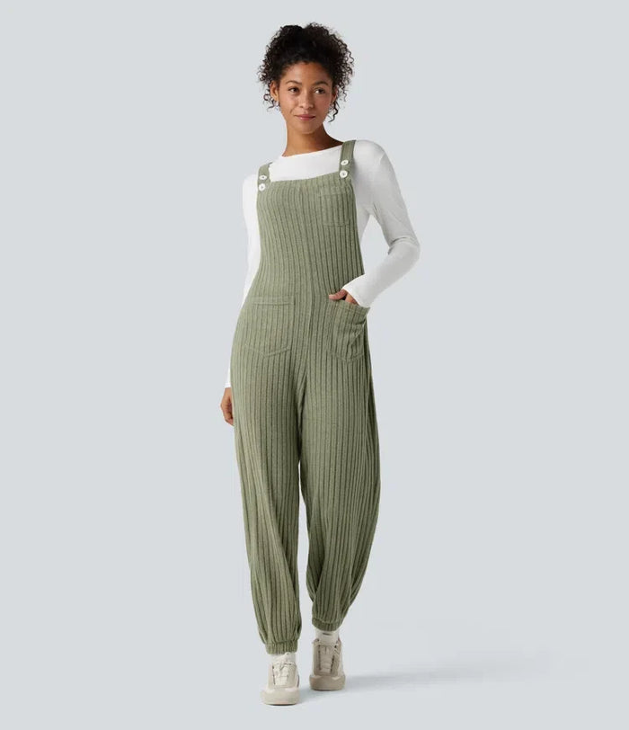 Ribbed Knit Adjustable Straps Casual Joggers Overalls with Pockets