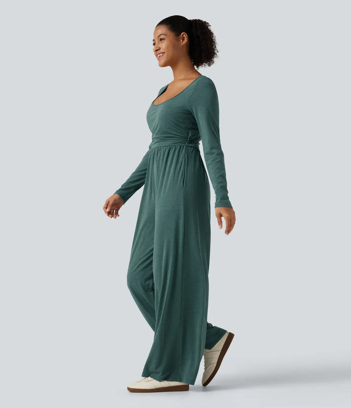 Scoop Neck Long Sleeve Built-in Bra Wide Leg Ruched Casual Jumpsuit with Pockets-Easy Peezy Edition