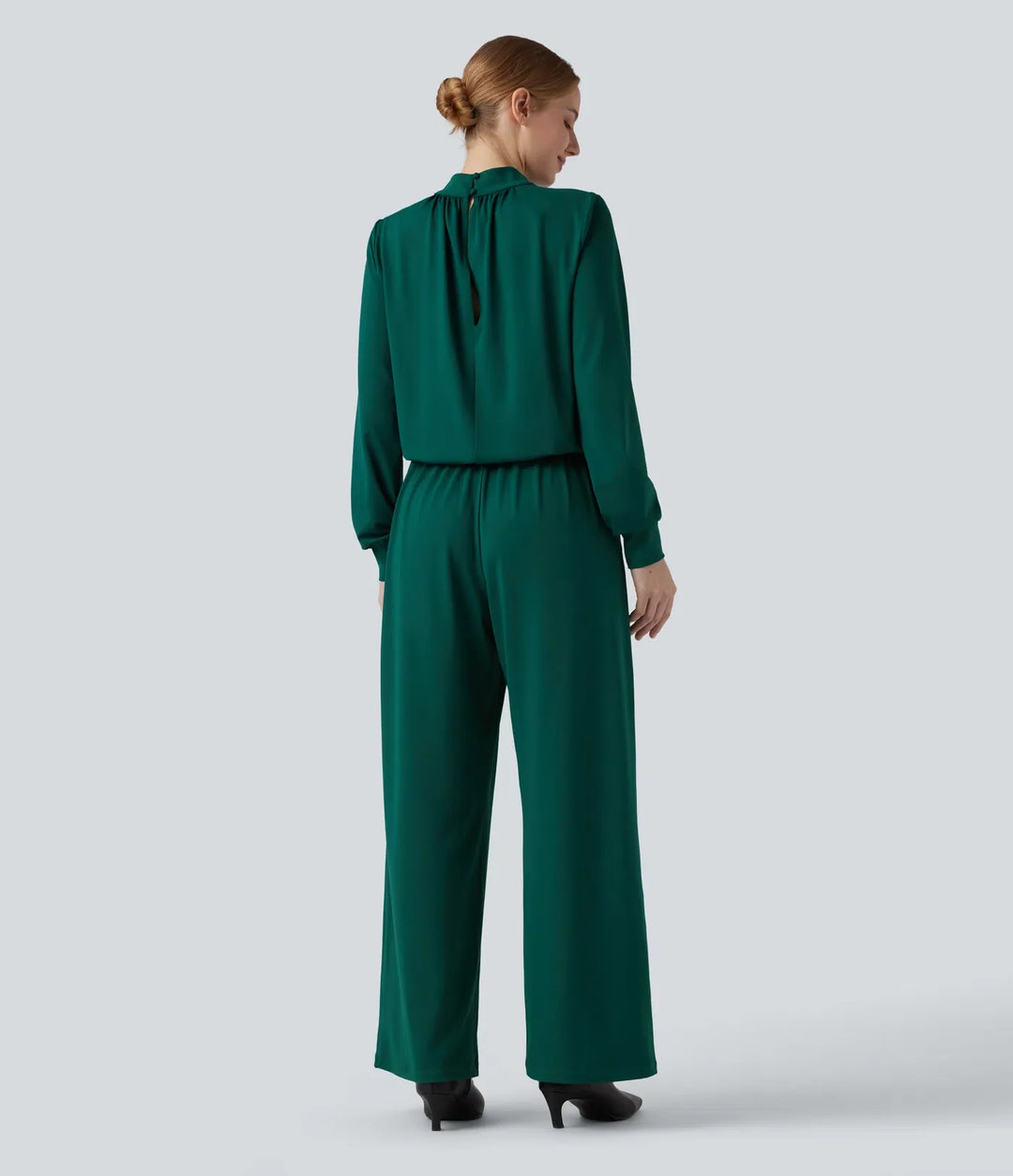 Mock Neck Keyhole Back Long Sleeve Wide Leg Work Jumpsuit with Pockets