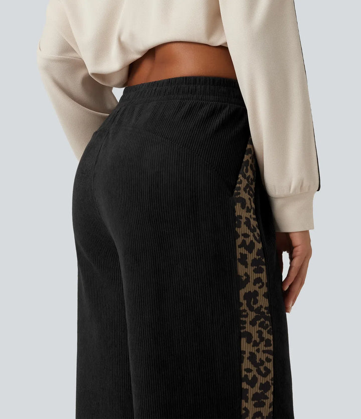 Mid Rise Leopard Print Corduroy Straight Leg Casual Pants with Pockets