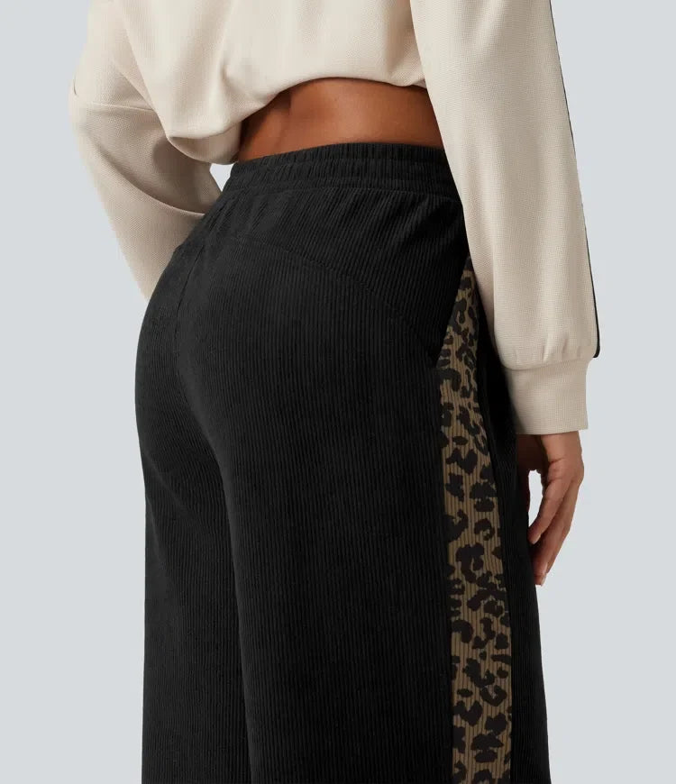 Mid Rise Leopard Print Corduroy Straight Leg Casual Pants with Pockets