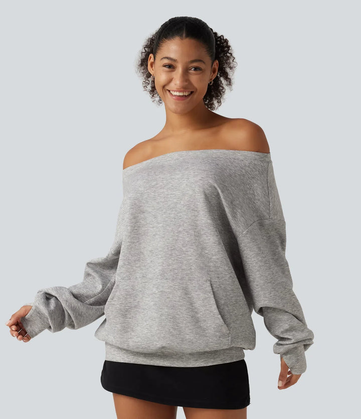 One Shoulder Long Sleeve Pullover Casual Sweatshirt with Pocket and Thumbholes
