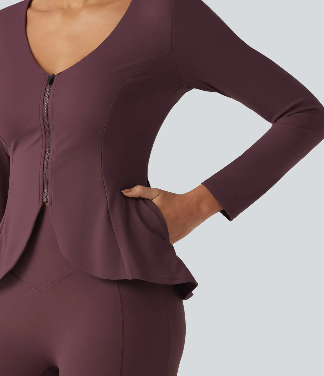 SoftlyZero Plush V Neck Long Sleeve Slim Ruffle Hem Yoga Jacket with Pockets
