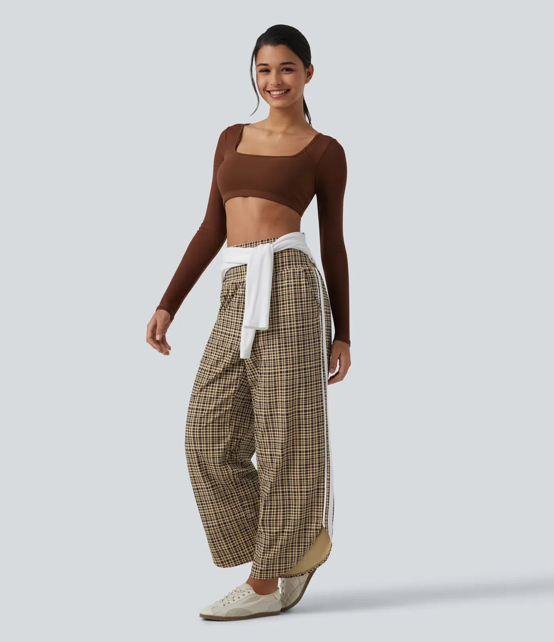 High Waisted Tummy Control Plaid Wide Leg Running Pants with Pockets