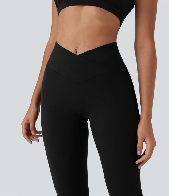 SoftlyZero Crossover High Waisted Contrast Mesh Yoga Leggings with Pocket