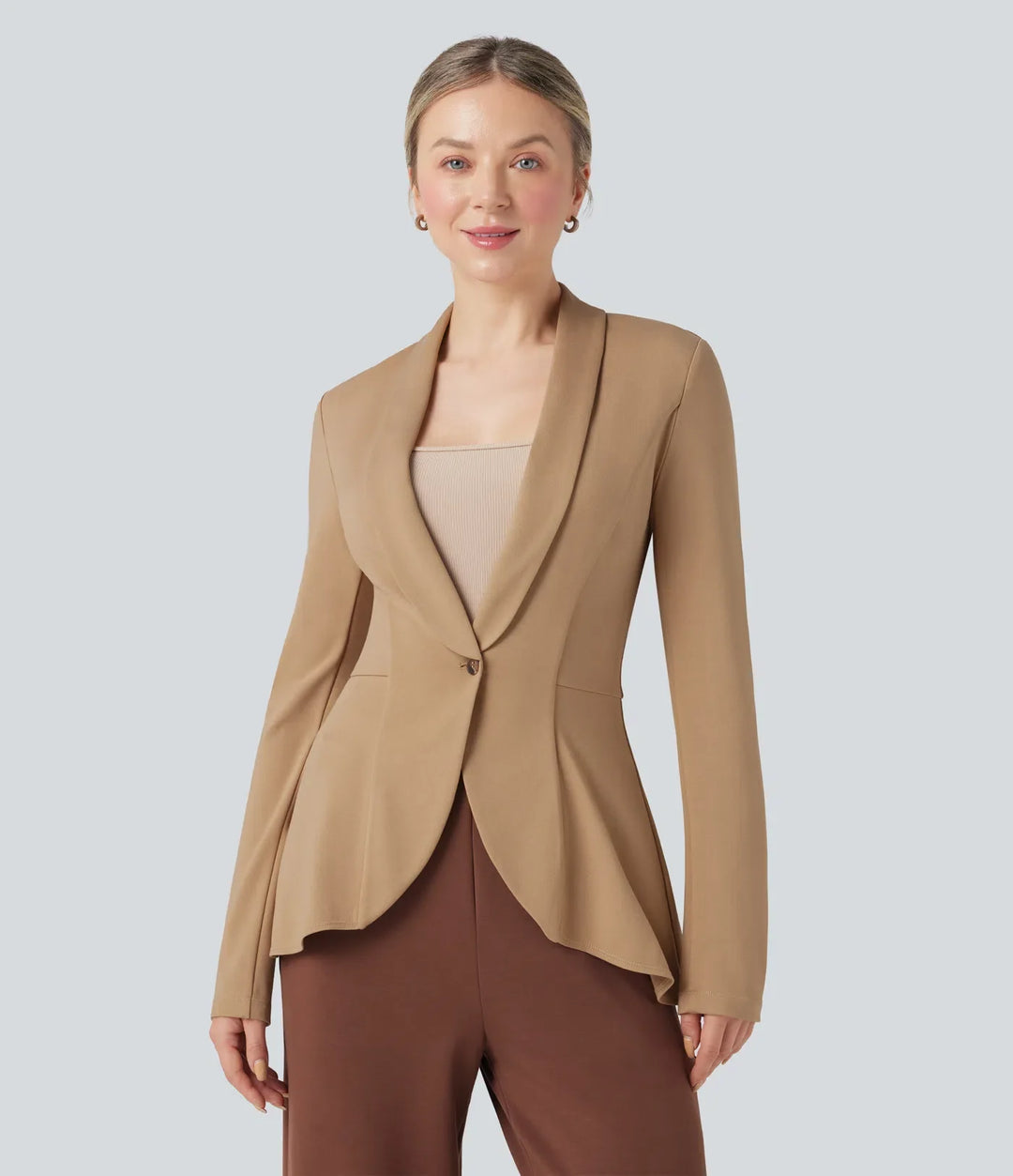 Halara Flex Shawl Collar Long Sleeve Ruffle Hem Work Coat