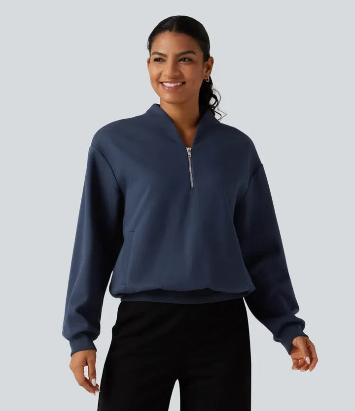 Stand Collar Long Sleeve Casual Cotton Sweatshirt with Pockets