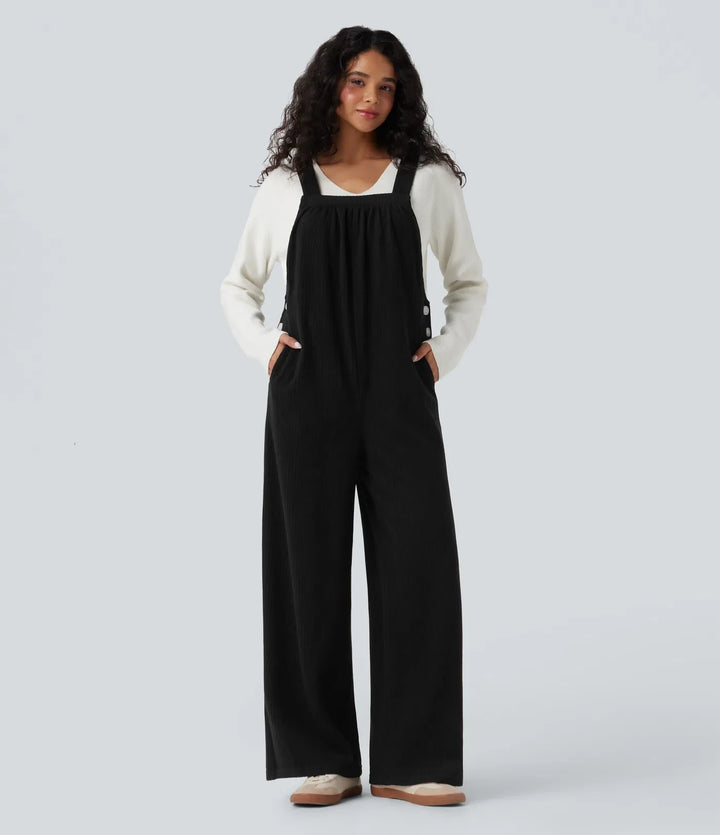 Ribbed Square Neck Casual Overalls with Pockets