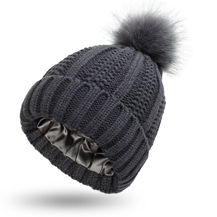 Madison | Satin Lined Knit Beanie with Faux Fur Pom Pom