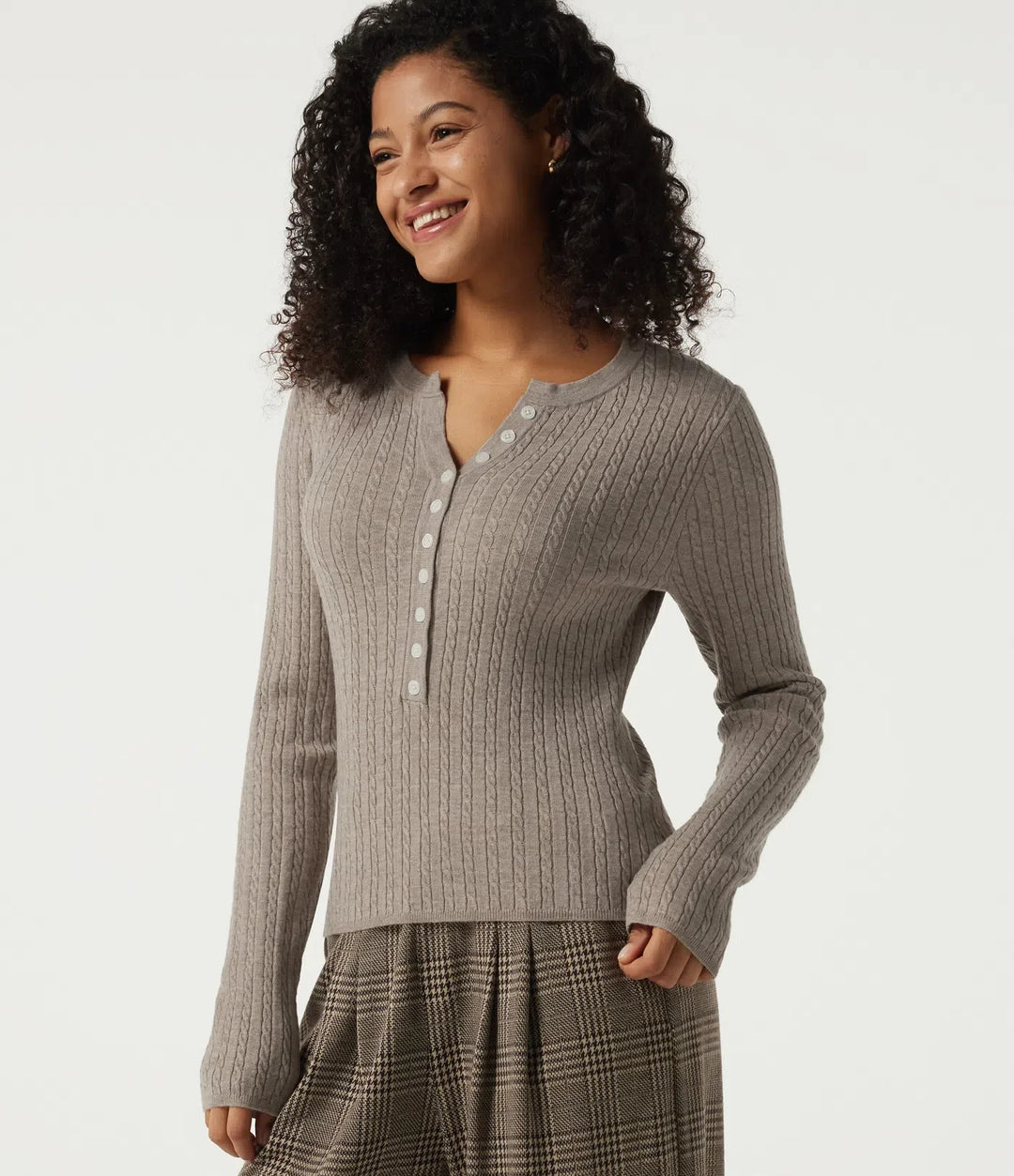 Henley Neck Cable Stitch Long Sleeve Work Sweater