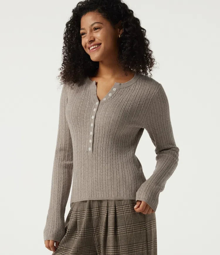 Henley Neck Cable Stitch Long Sleeve Work Sweater