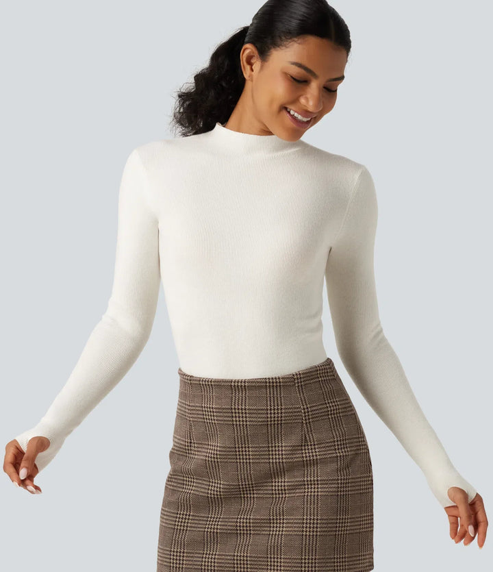 Mock Neck Long Sleeve Thumb Hole Work Wool-Blend Sweater