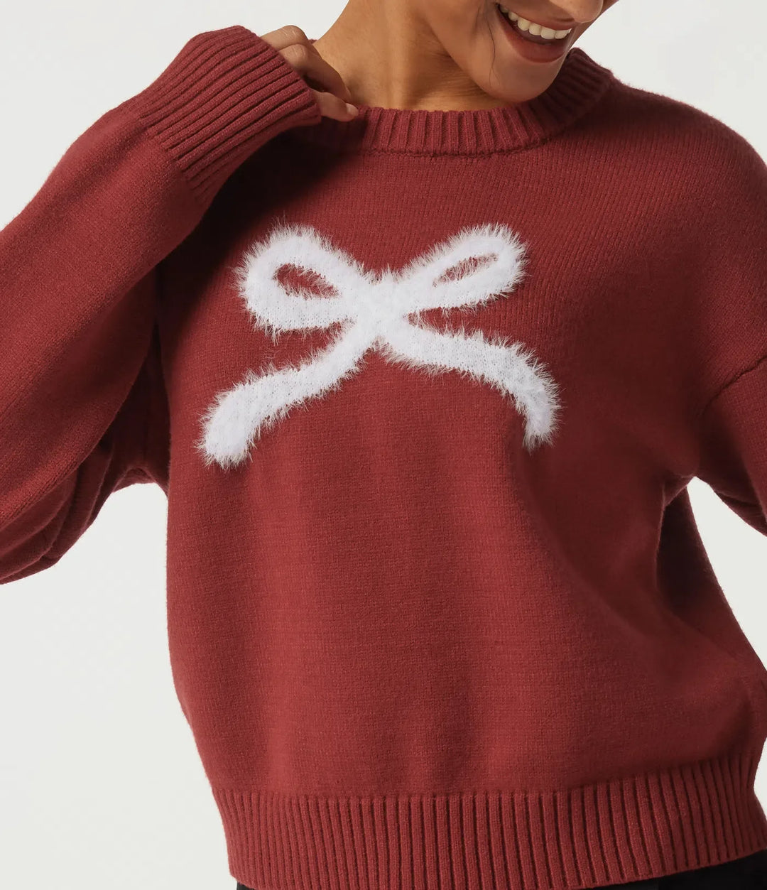 Round Neck Drop Shoulder Long Sleeve Bow Casual Sweater