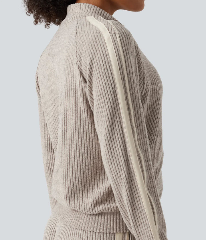 Ribbed Knit Stand Collar Side Stripe Long Sleeve Casual Track Jacket with Pockets