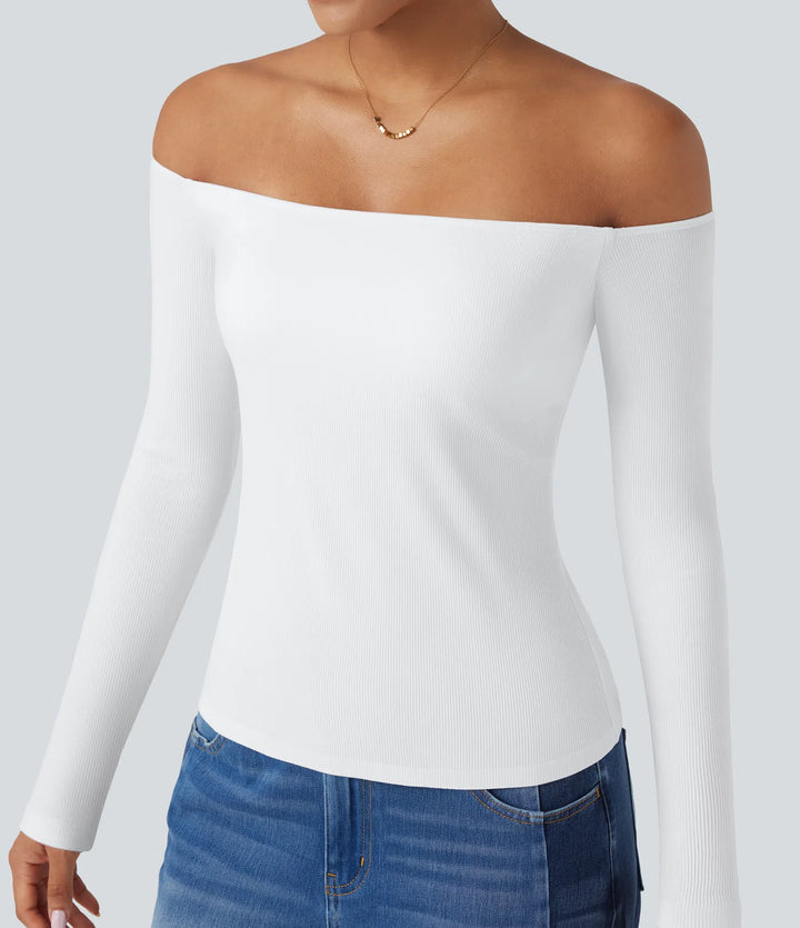 Ribbed Knit Off Shoulder Long Sleeve 2-in-1 Casual Top