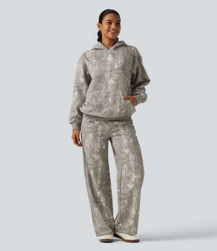 Mid Rise Straight Leg Patterned Inner Drawstring Fleece Casual Sweatpants with Pockets