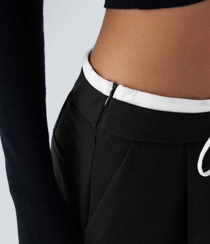 Double-Layer Color Block Low Rise Drawstring Pocket Wide Leg Casual Pants