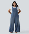 Plus Size Halara Flex Square Neck Washed Denim Casual Overalls with Pockets
