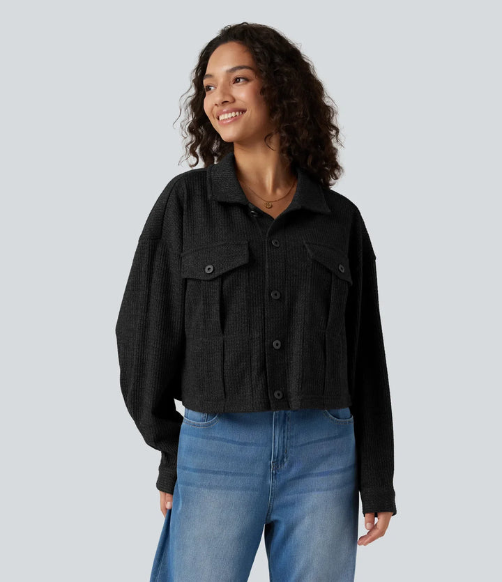 Long Sleeve Knit Waffle Casual Jacket with Pockets