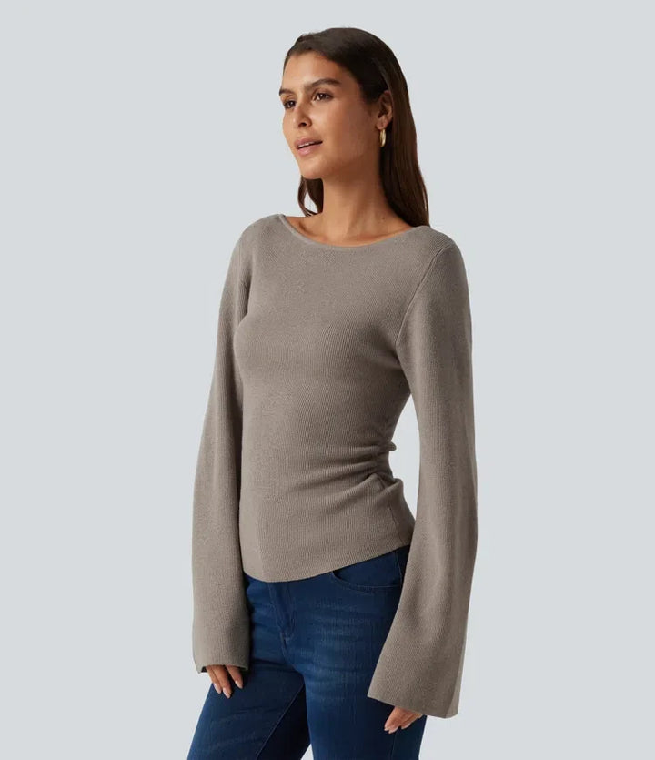 Boat Neck Flounce Long Sleeve Casual Sweater