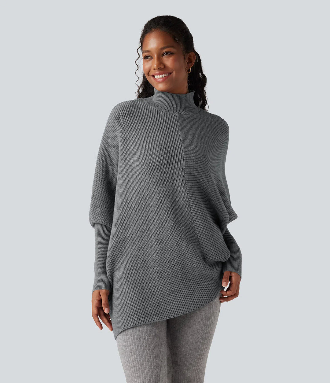 High Neck Batwing Long Sleeve Asymmetric Hem Work Sweater