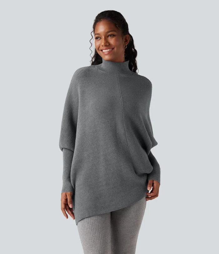 High Neck Batwing Long Sleeve Asymmetric Hem Work Sweater