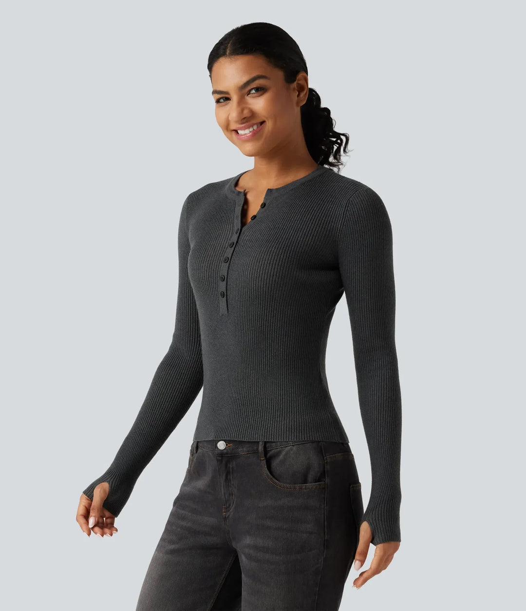 Henley Neck Long Sleeve Thumb Hole Work Wool-Blend Sweater