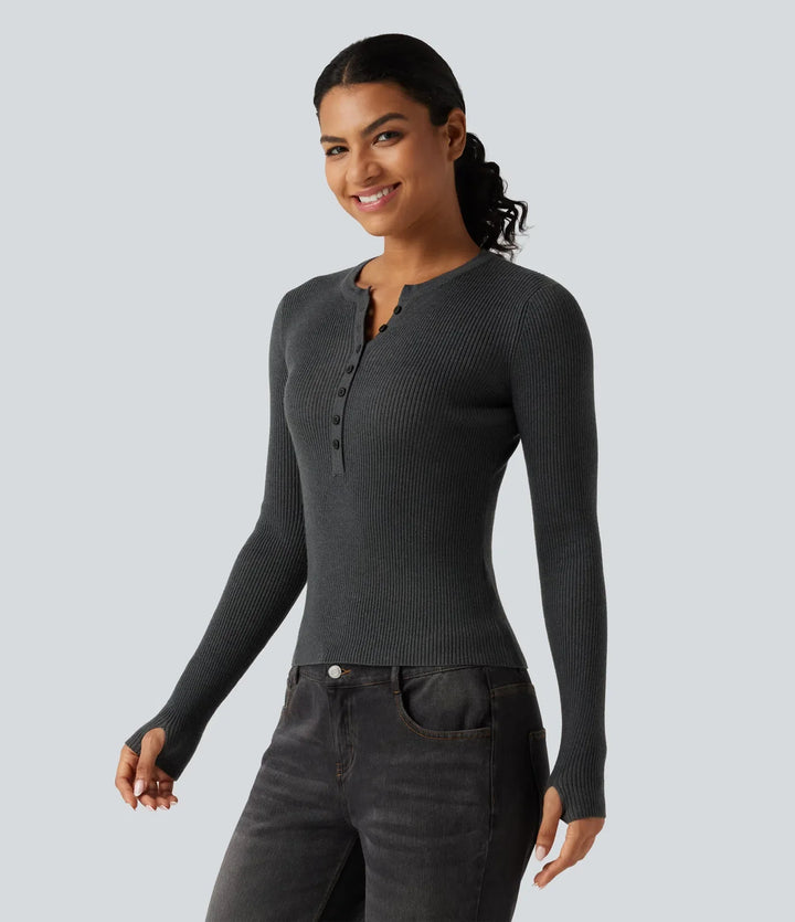 Henley Neck Long Sleeve Thumb Hole Work Wool-Blend Sweater