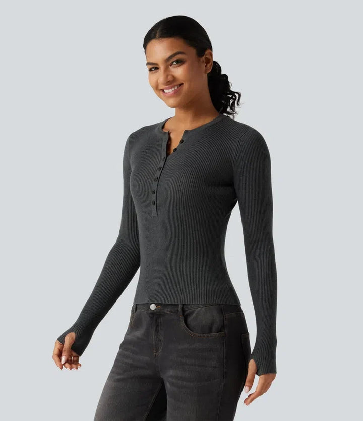 Henley Neck Long Sleeve Thumb Hole Work Wool-Blend Sweater