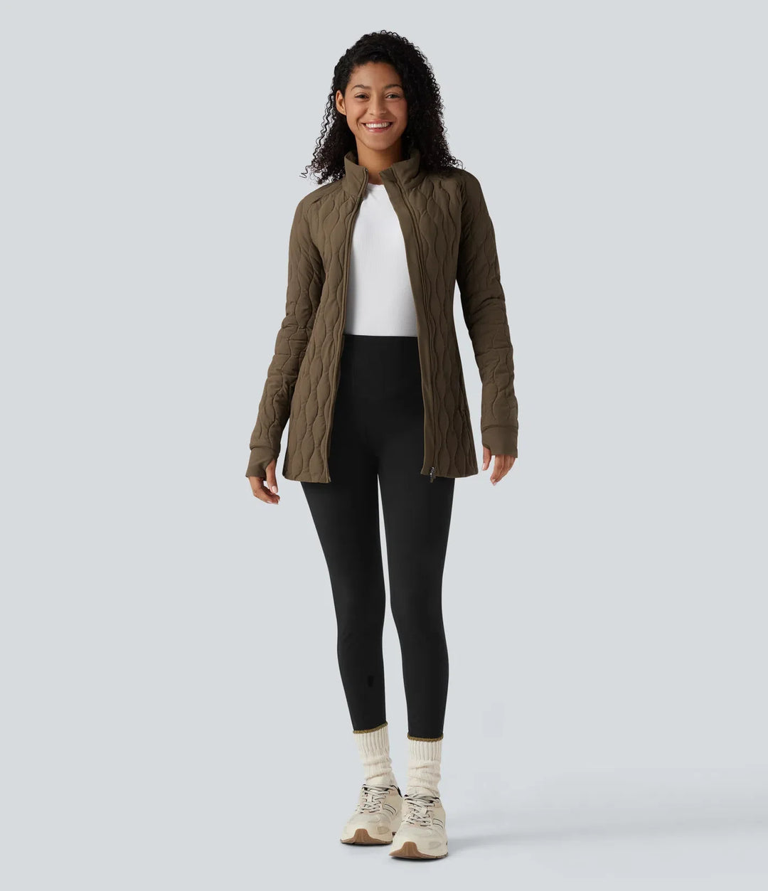 PuffFlex High Neck Long Sleeve Thumb Hole Zipper Workout Quilted Jacket with Pockets