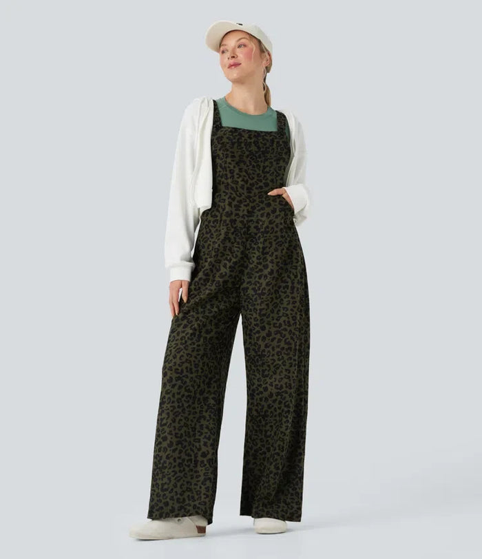 Leopard Print Corduroy Relaxed Casual Overalls with Pockets
