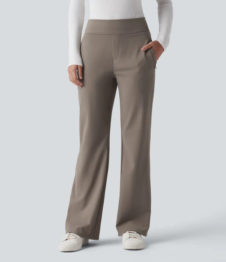 Mid Rise Fleece Work Flare Pants with Zip Pockets