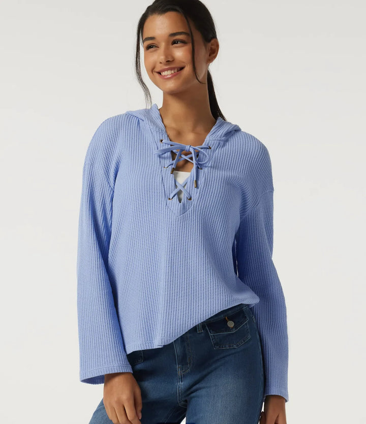 Hooded Long Sleeve Lace Up Waffle Casual Sweatshirt