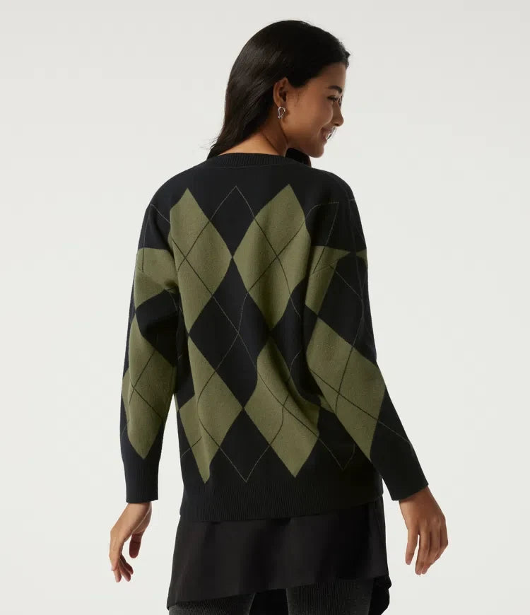 V Neck Long Sleeve Diamond Check Casual Cardigan