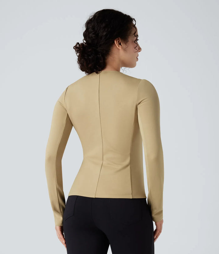 Round Neck Long Sleeve Ruched Zip Fly Work Blazer