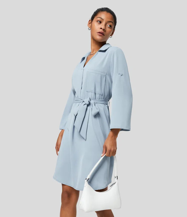 Roll Up Sleeve Belted Relaxed Work Shirt Dress