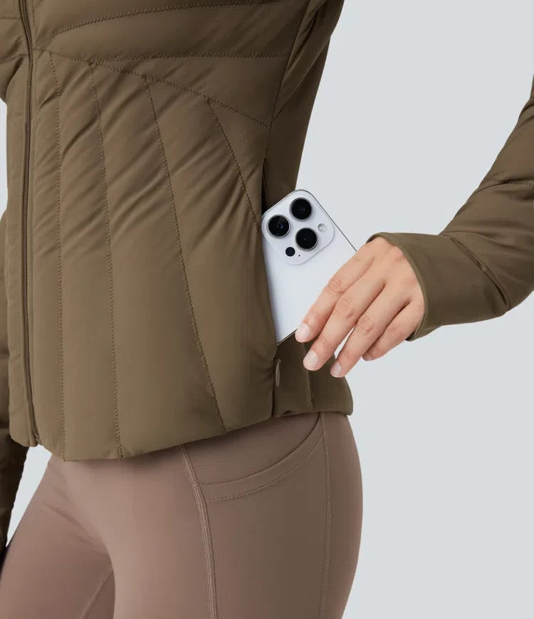 PuffFlex Stand Collar Thumb Holes Stretchy Workout Padded Jacket with Pockets